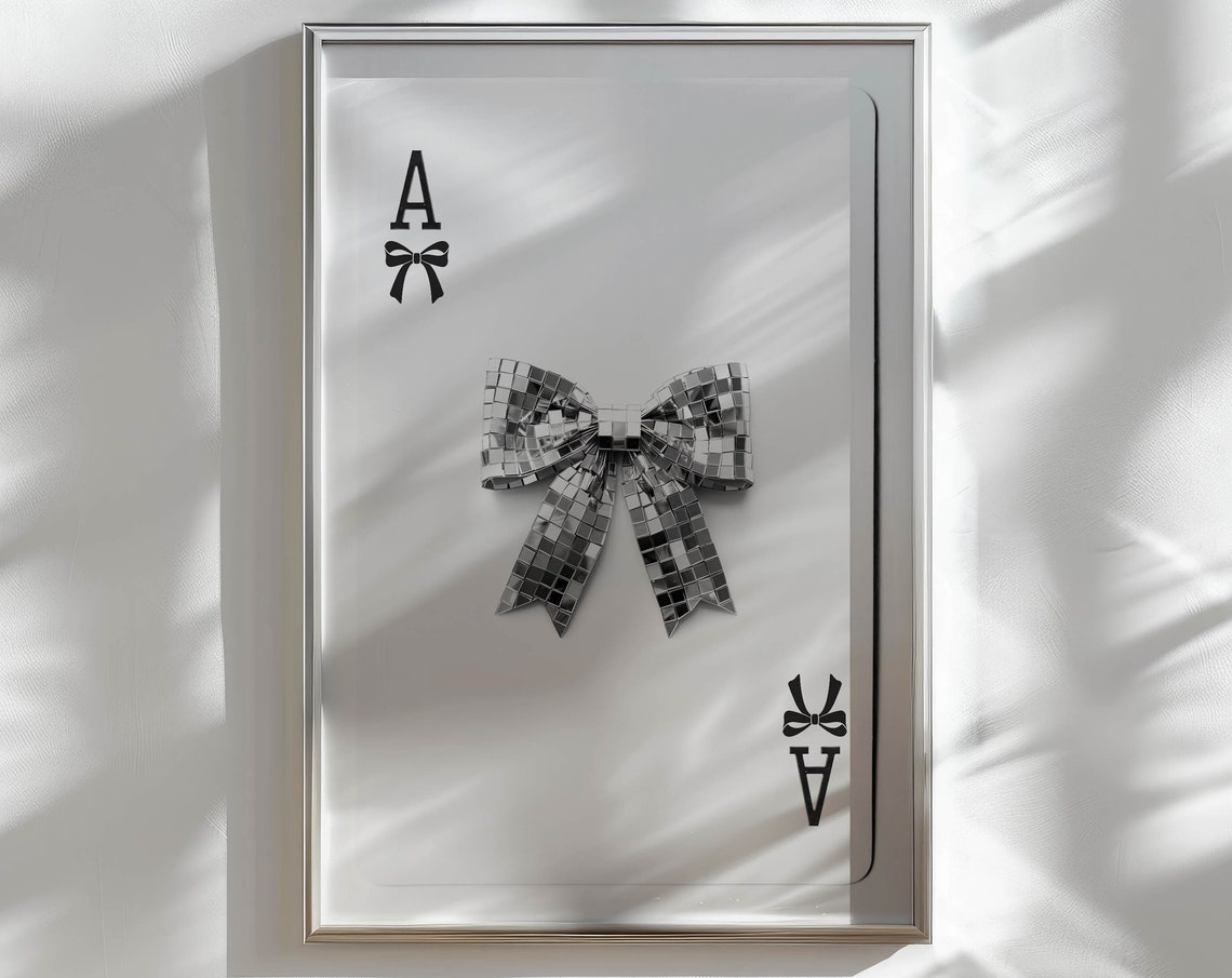 Ace Playing Card Disco Ball Bow Black And White Coquette Art Poster