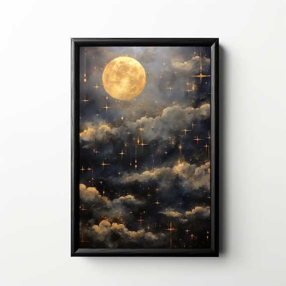 Vintage Night Sky Print Full Moon Oil Painting Cloudy Evening Wall Art Lunar Celestial Artwork Moody Starry Dark Academia Decor