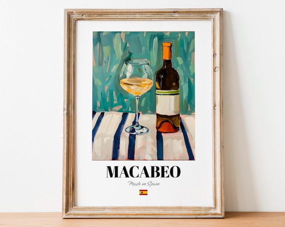 Macabeo Spanish White Wine Bottle And Glass Striped Table Poster
