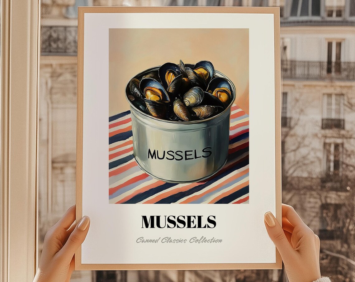 Mussels Canned Seafood Oil Painting Style Kitchen Decor Wall Art