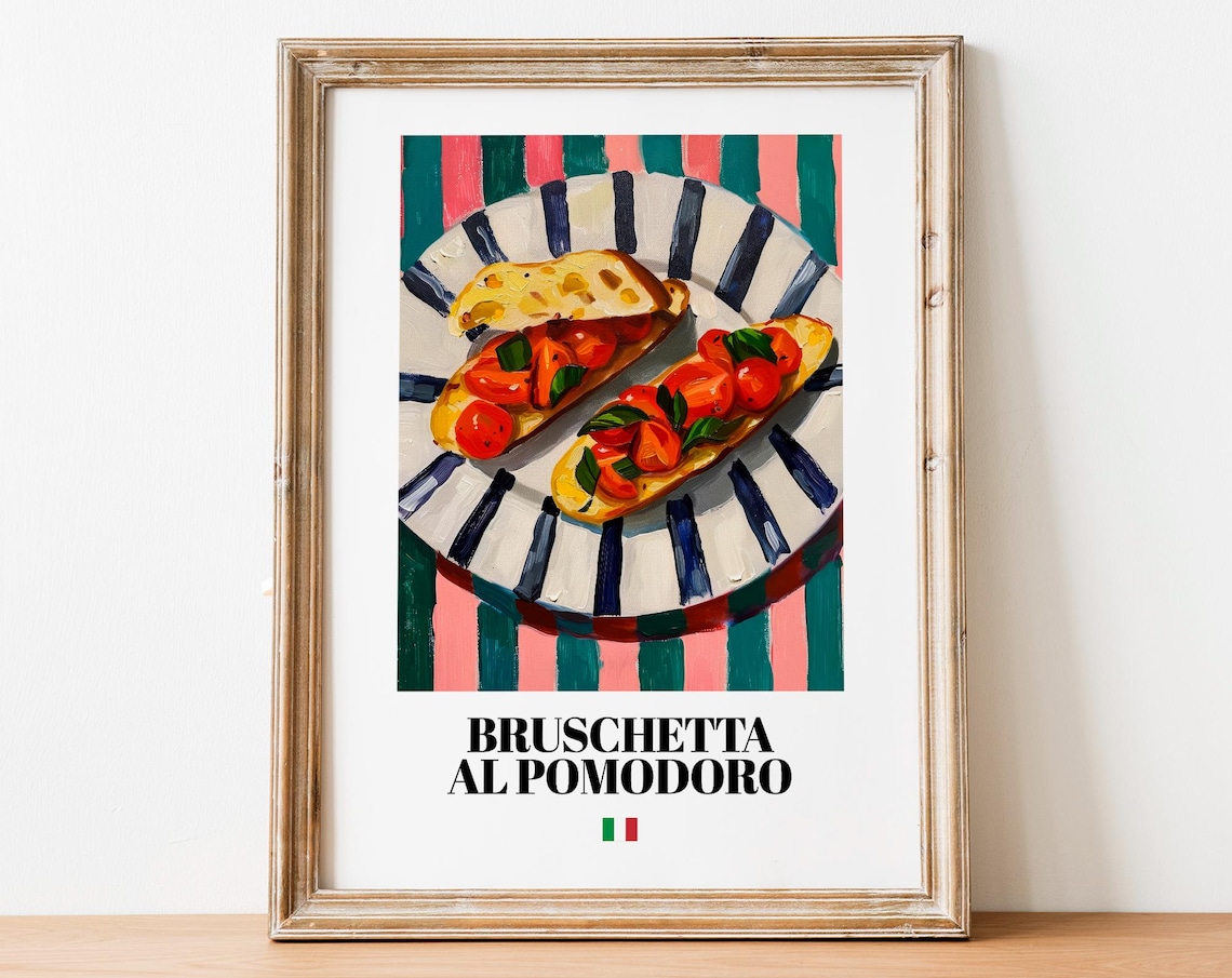 Bruschetta Al Pomodoro Italian Toast Poster On Striped Plate