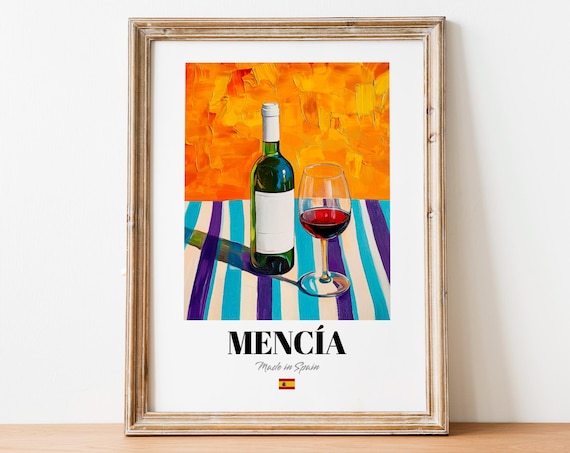Mencia Made in Spain Red Wine Bottle Glass Orange Still Life Poster