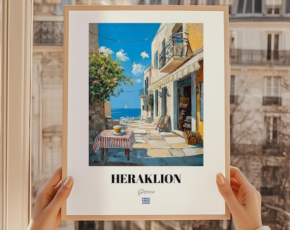 Heraklion Greece Sunlit Alley Cafe Oil Painting Style Travel Poster