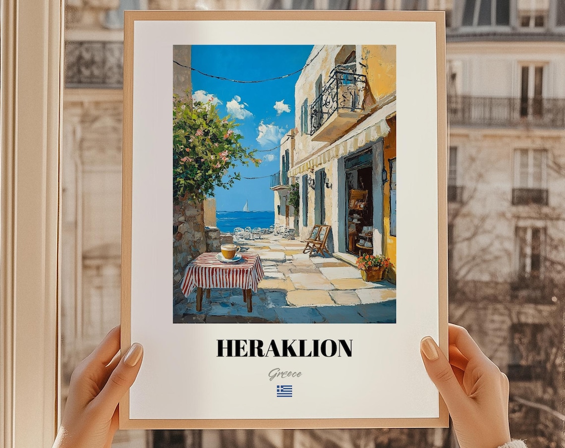 Heraklion Greece Sunlit Alley Cafe Oil Painting Style Travel Poster