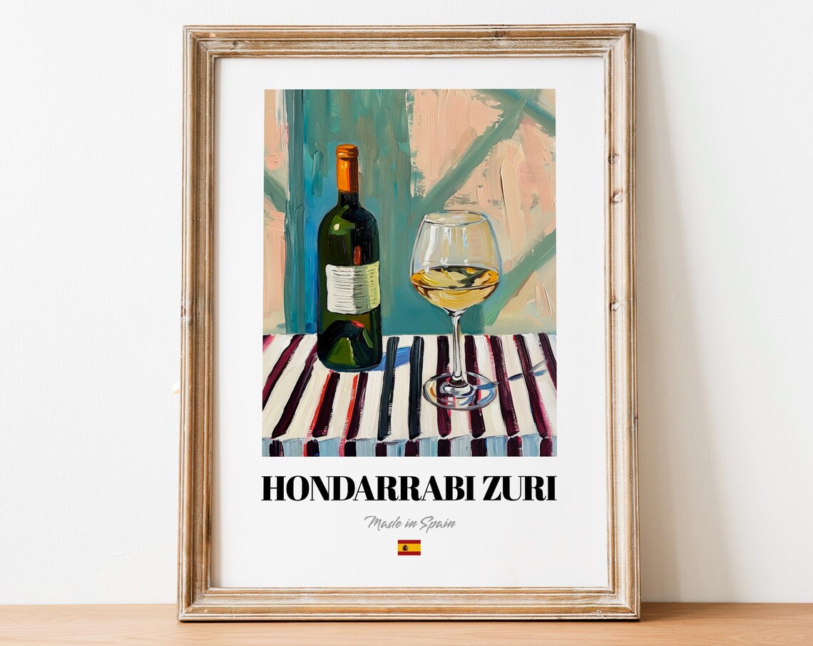 Spanish Hondarrabi Zuri Art Print Poster Txakoli Grape Artwork For Cafs And Restaurants