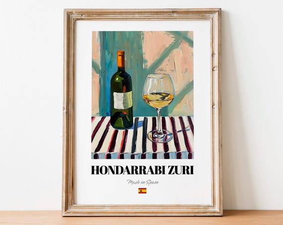 Spanish Hondarrabi Zuri Art Print Poster Txakoli Grape Artwork For Cafs And Restaurants