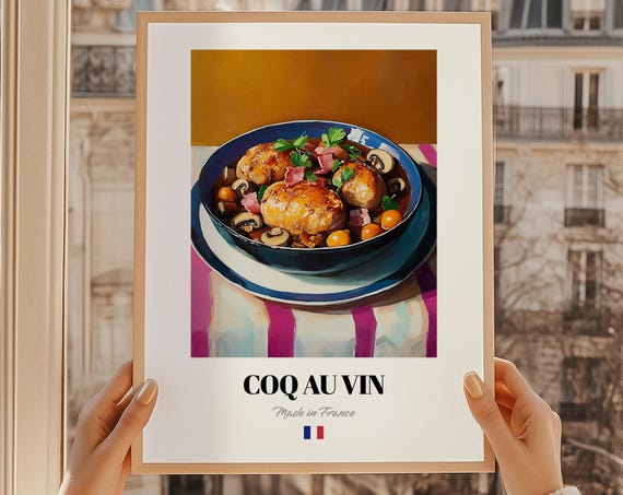 Coq Au Vin French Food Wall Art Cafe Menu Template Wedding Buffet Retro Cooking Print Kitchen