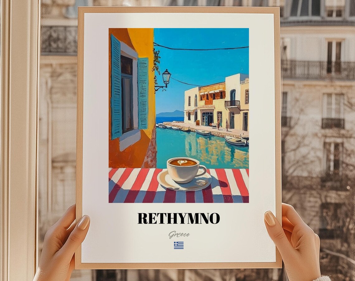 Rethymno Greece Harbor Boats Cafe Oil Painting Travel Poster