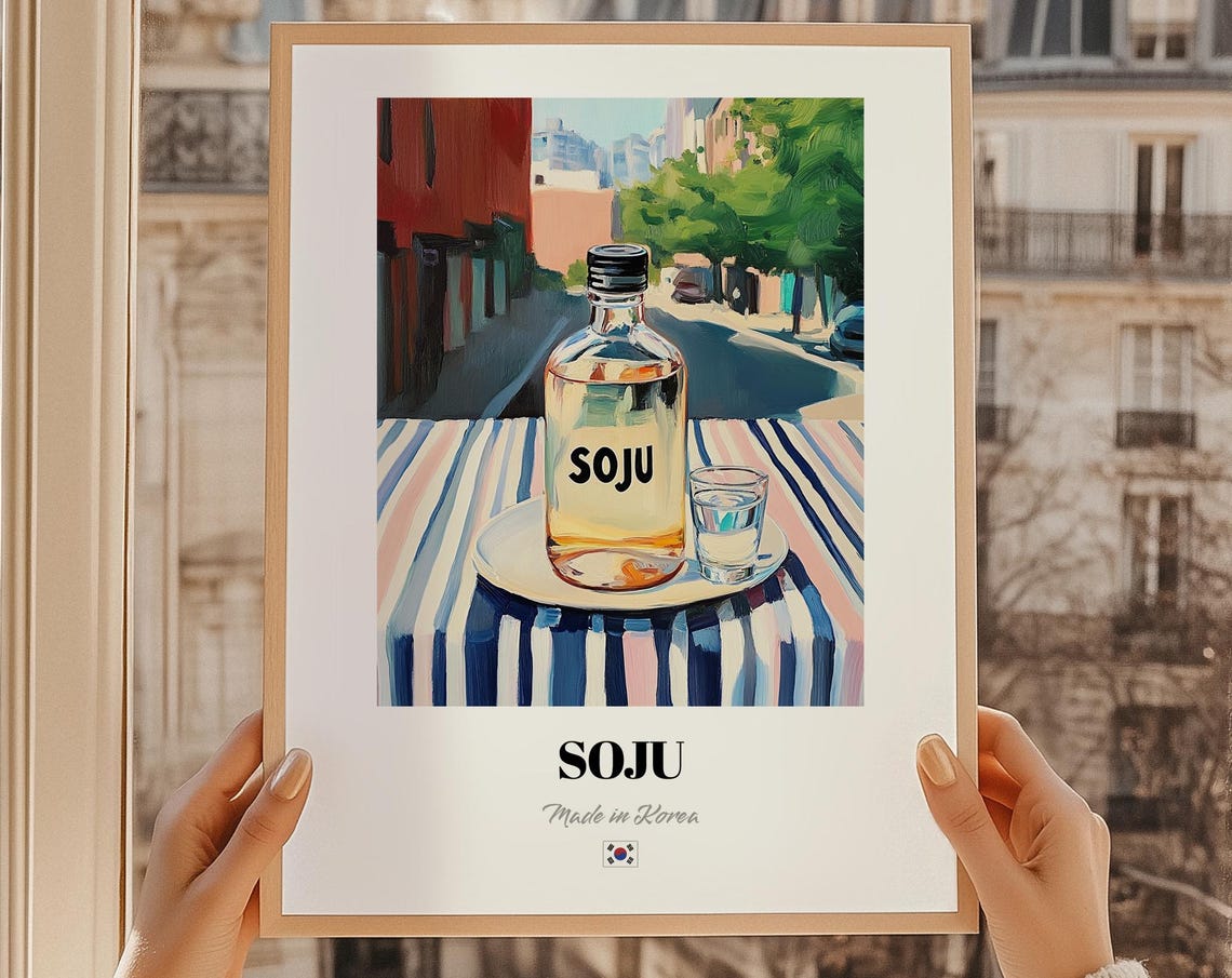 Soju Made in Korea Retro Style Soju Bottle Shot Glass Wall Poster