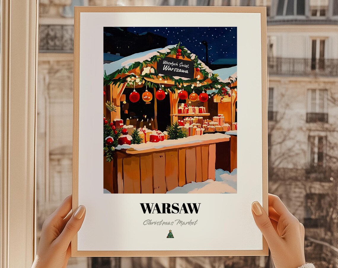 Warsaw Poland Christmas Market Snowy Night Stall Gifts Art Poster