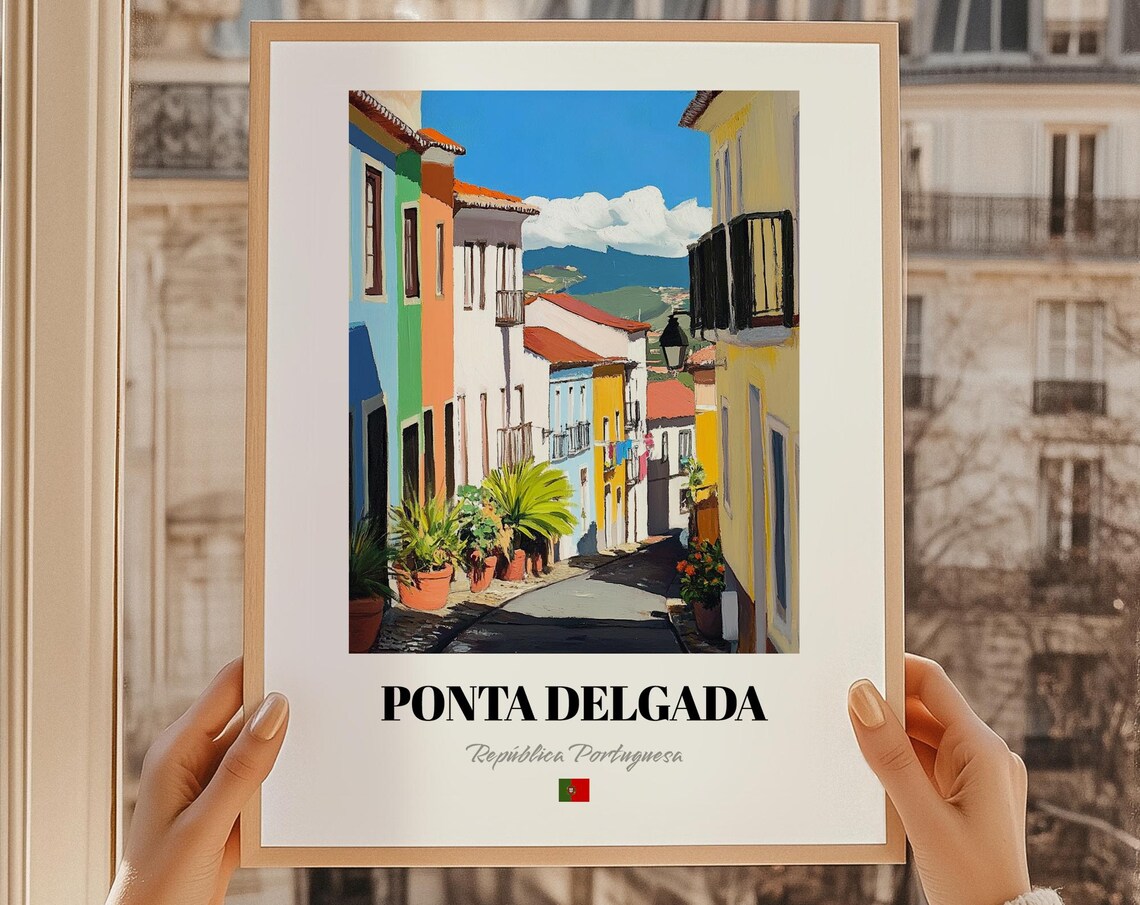 Ponta Delgada Portugal Street Mountain View Oil Painting Travel Poster