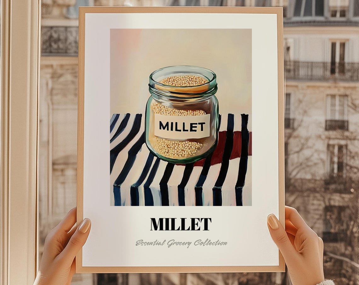 Painted Millet Grain Jar Still Life Striped Cloth Kitchen Poster