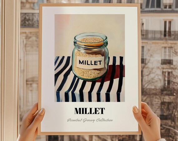 Painted Millet Grain Jar Still Life Striped Cloth Kitchen Poster
