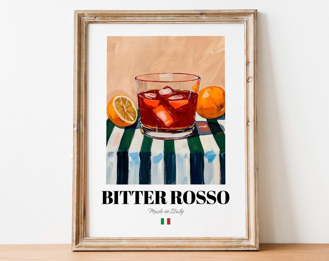 Bitter Rosso Italian Red Cocktail Poster Negroni Style with Orange
