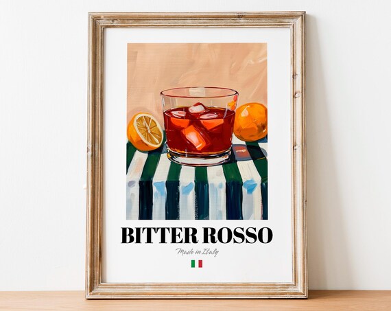Vintage Bitter Rosso Bottle Print Poster Italian Cocktail Art For Kitchens