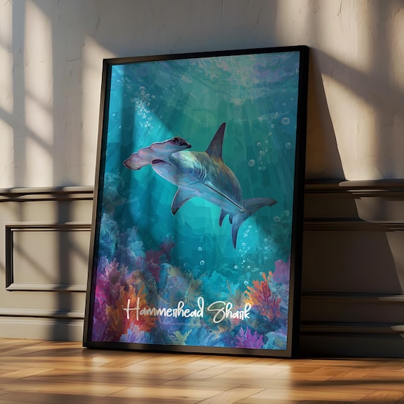 Hammerhead Shark Swimming Over a Colorful Coral Reef Bahamas Poster