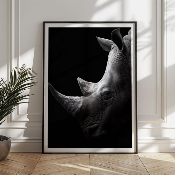Black And White Rhino Wall Art Print Powerful Wildlife Poster For Living Room Office Or Gift Monochrome Safari Decor