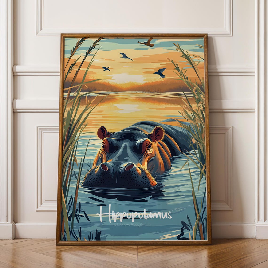 Whimsical Hippopotamus Sunset River Zambezi Wildlife Art Print