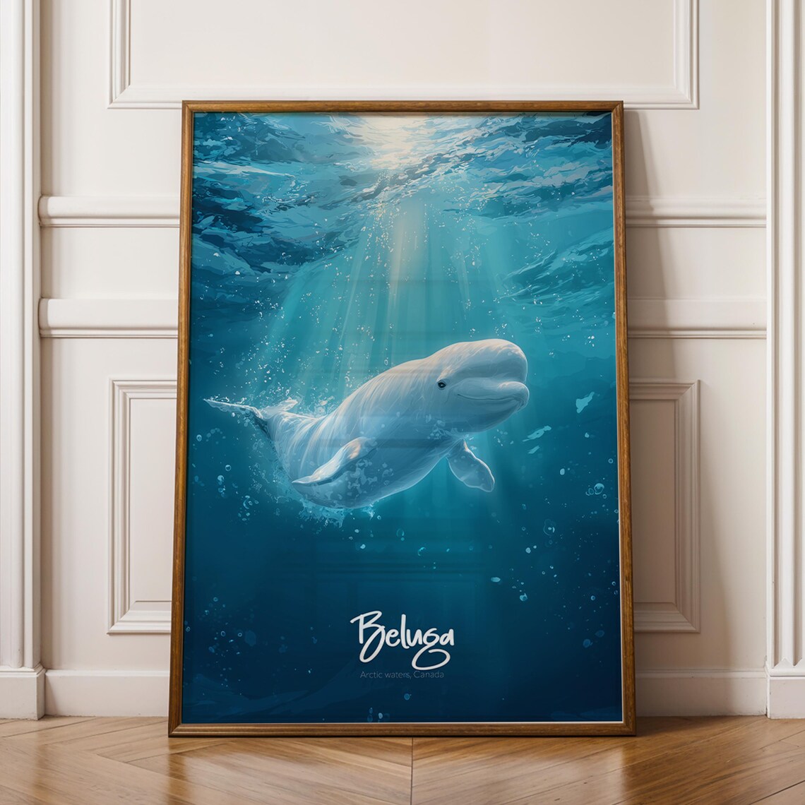 Beluga Whale Framed Poster Calming Ocean Nursery Wall Art