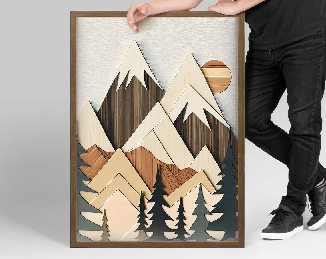 Wood Style Mountain Scene Art Print, Modern Lakehouse - Image 5
