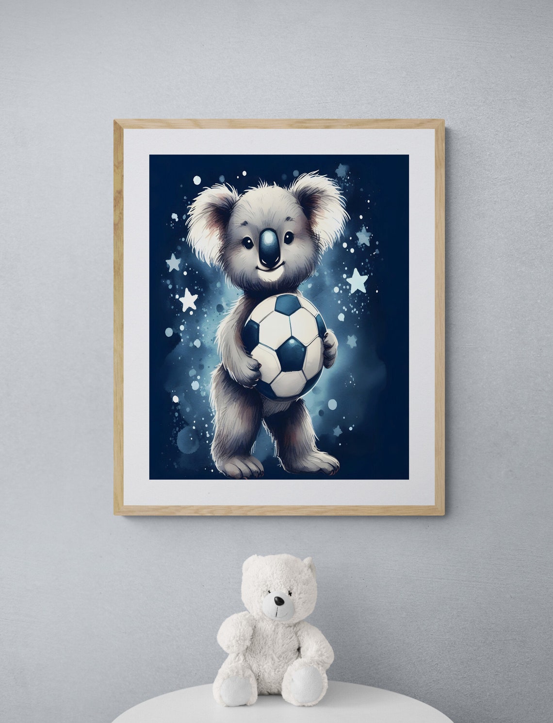 Koala Holding Soccer Ball Navy Starry Watercolor Nursery Sports Poster - Image 4