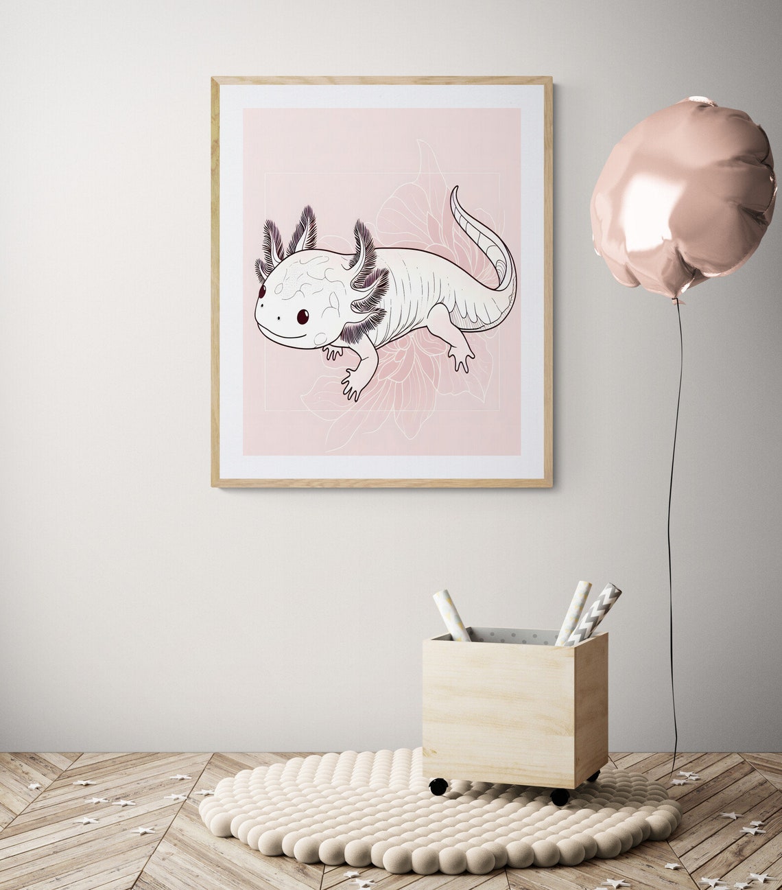 Axolotl Line Art Pink Minimalist Cute Nursery Animal Wall Decor Poster - Image 3