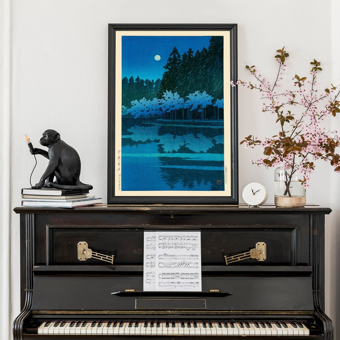 Japanese Moonlit Lake Cherry Blossoms Woodblock Style Night Poster - Image 2