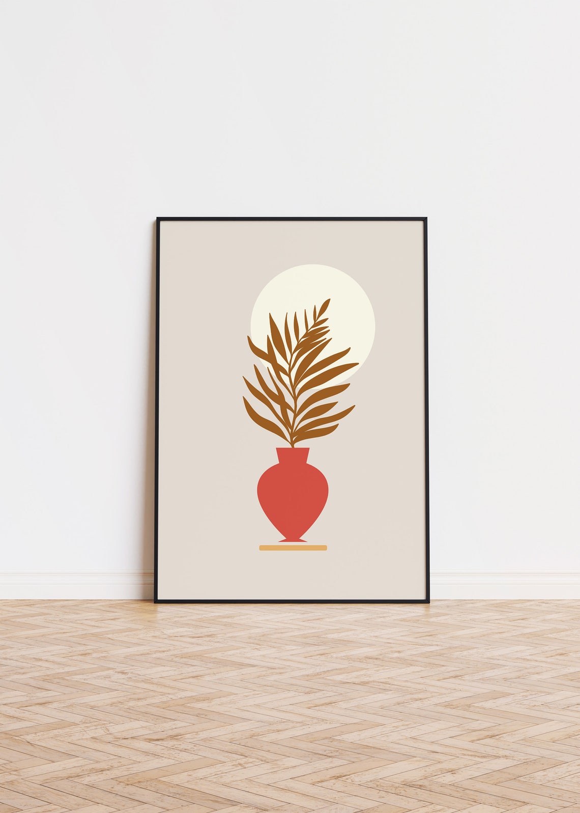 Mid Century Red Vase Palm Frond Terracotta Sun Minimalist Poster
