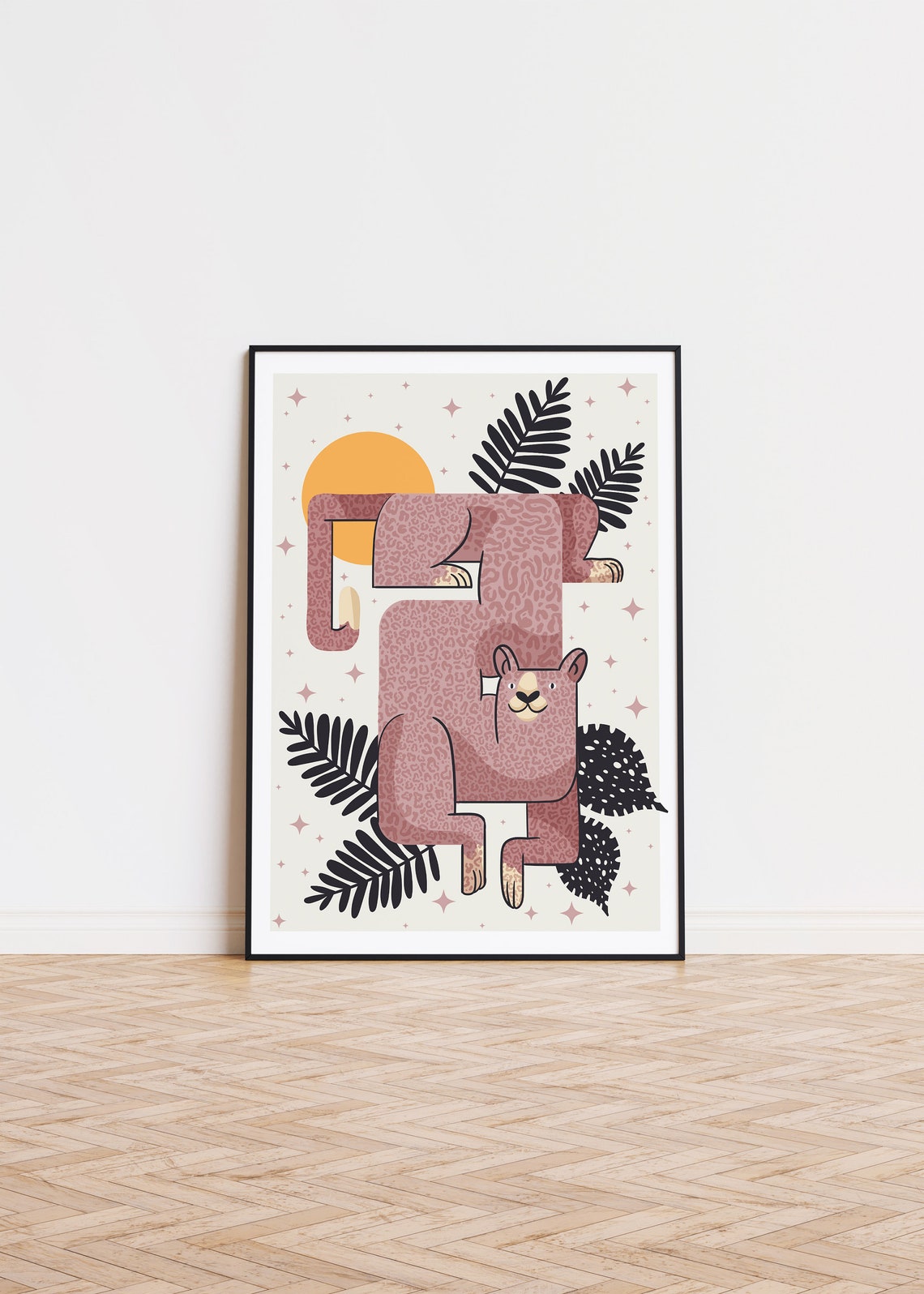 Pink Leopard Cartoon Illustration With Sun And Palm Leaves Poster