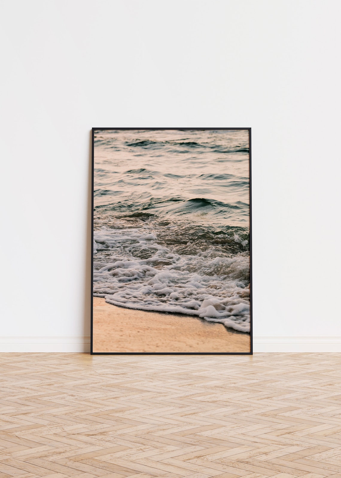 Ocean Wave Foam on Sandy Shore Calm Beach Photography Poster