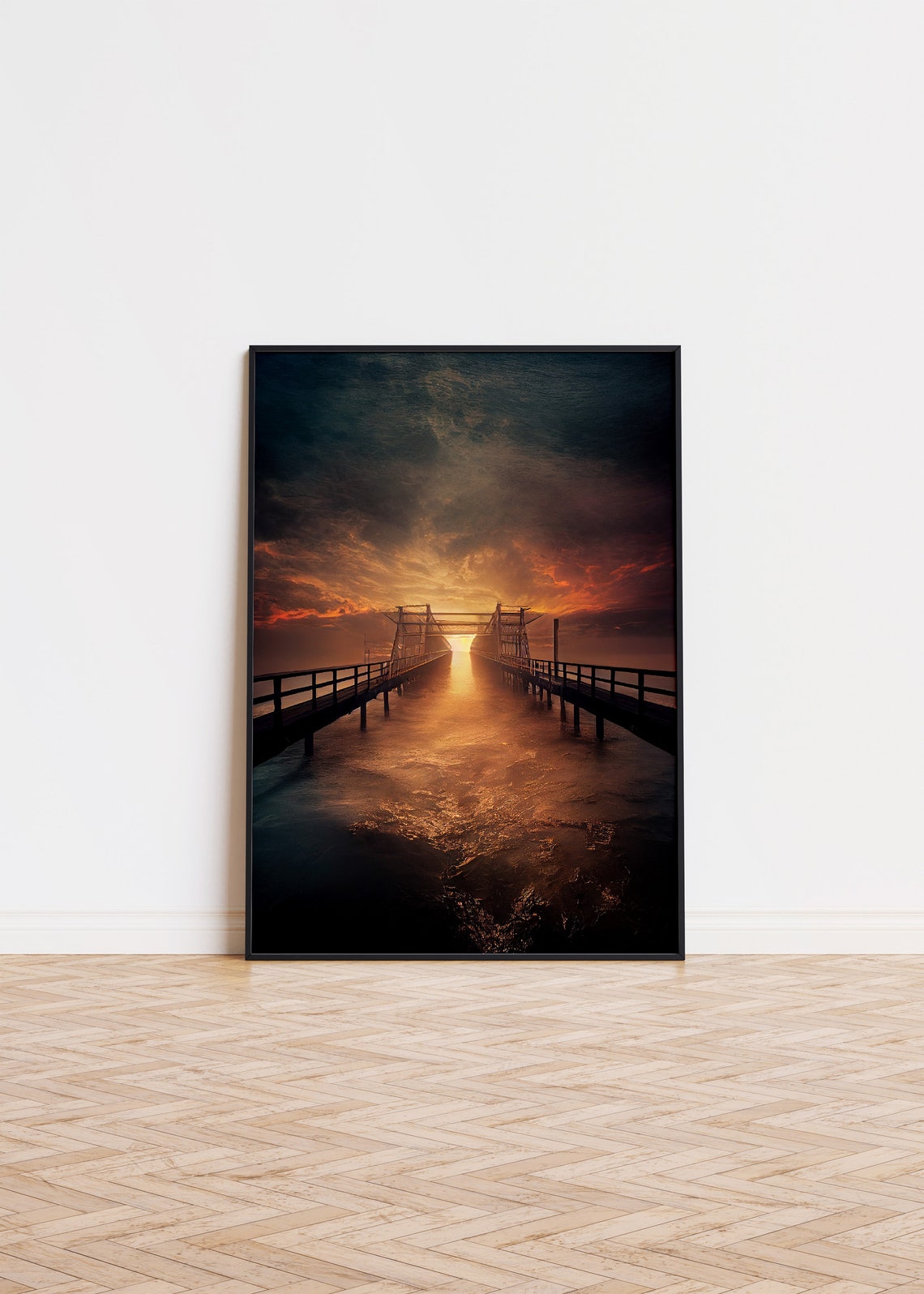 Ocean Pier Bridge Sunset Dramatic Clouds Moody Seascape Poster