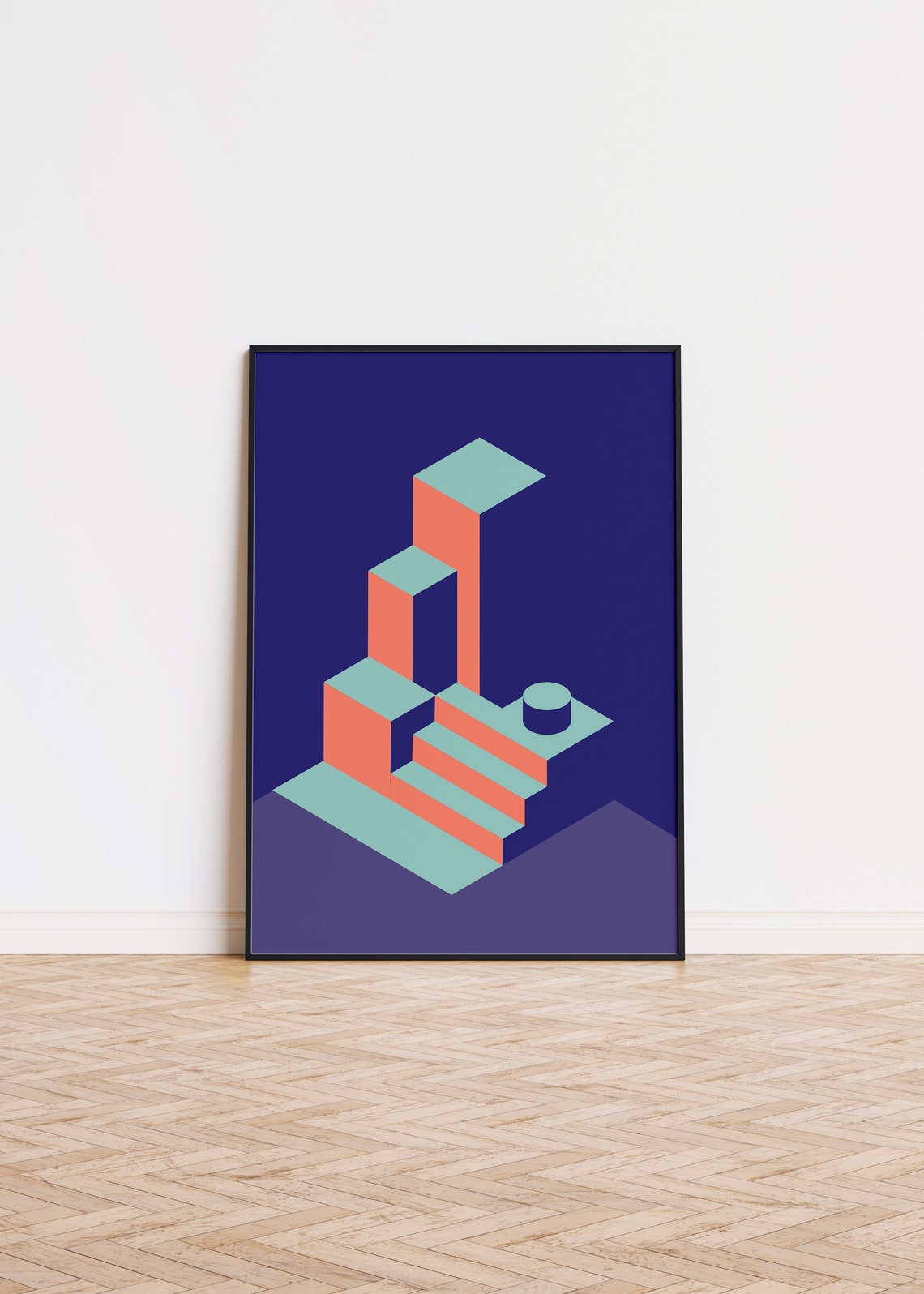 Geometric Isometric Blocks Coral Mint Navy Abstract Art Poster
