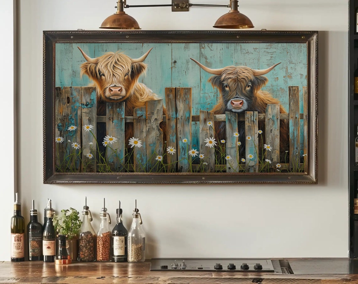 Two Shaggy Highland Cows Peeking Over a Fence With Daisies Poster
