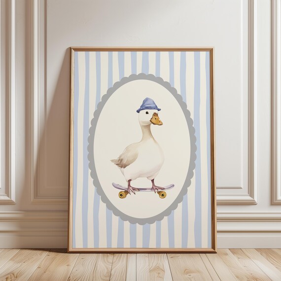 Skater Goose Skateboard Bucket Hat Blue Stripe Nursery Poster