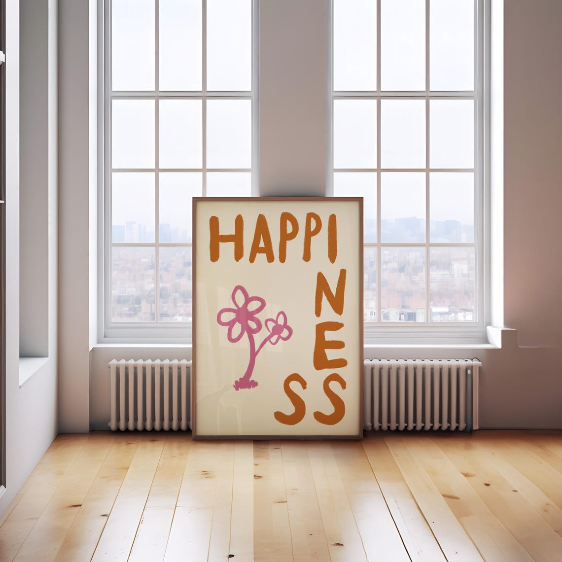 Happiness Retro Stacked Lettering Pink Daisy Typography Art Poster