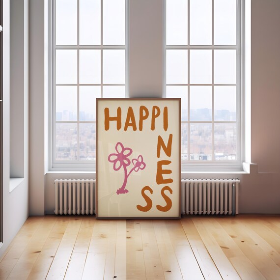 Happiness Retro Stacked Lettering Pink Daisy Typography Art Poster