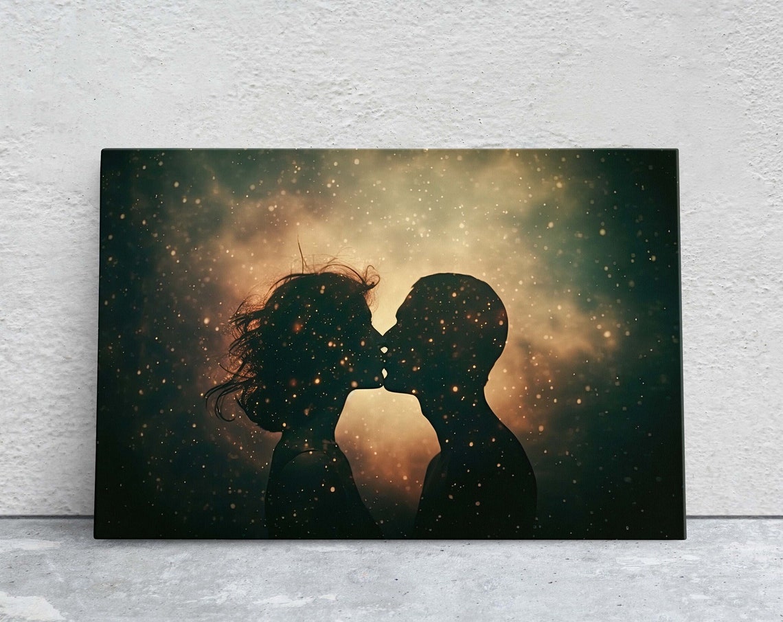 Starry Night Kiss Silhouette Couple Romance Celestial Love Wall Art