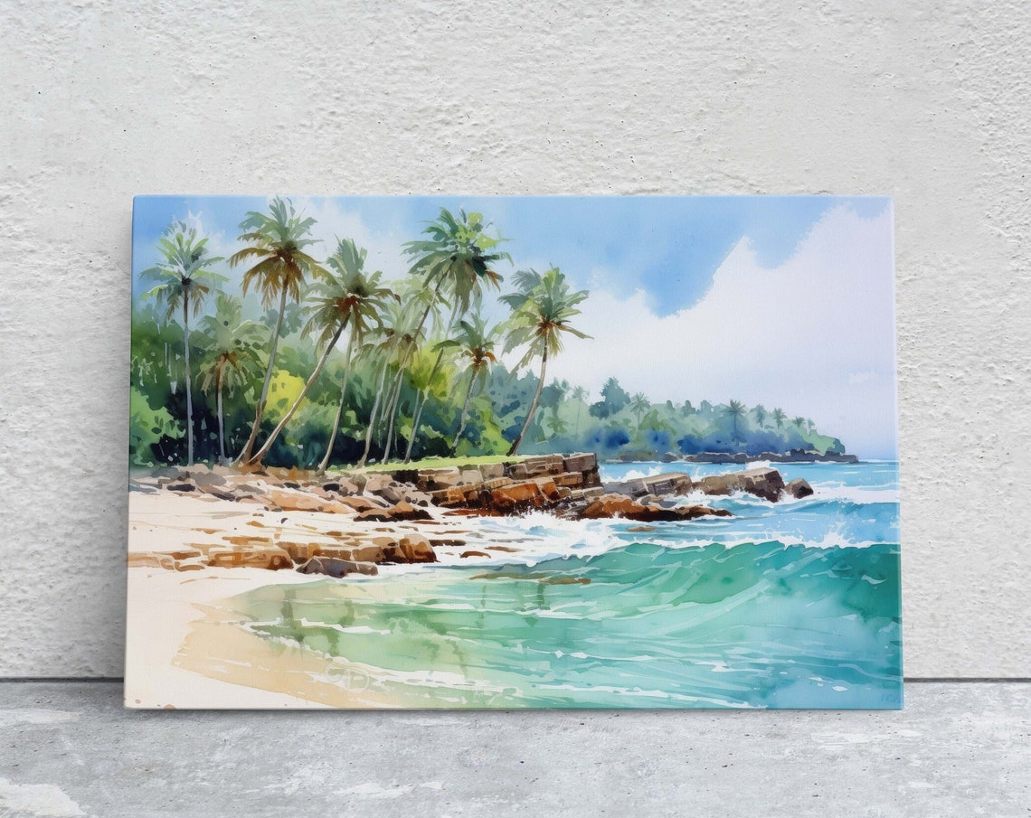 Beach Waves On High Tide Blue Water Green Water Palm Trees Tropical Paradise Ocean Vacation Framed