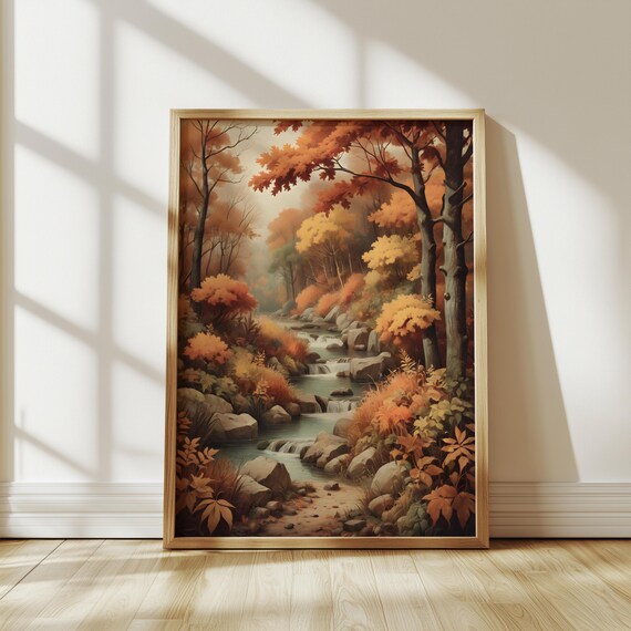 Autumn Creek Rocky Forest Waterfall Cascades Fall Foliage Art Poster