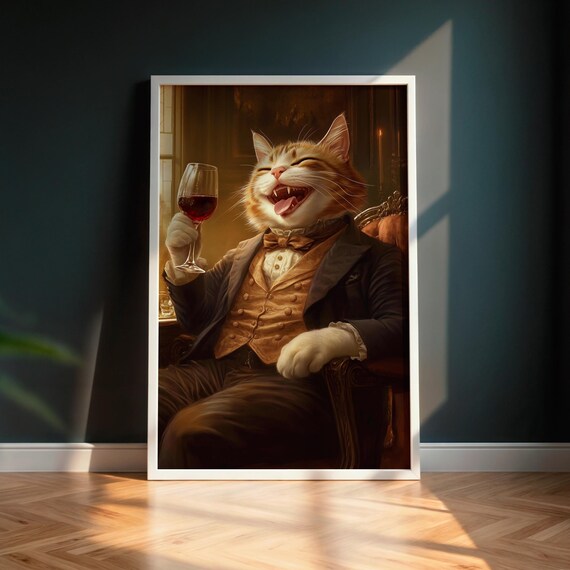 Gentleman Cat in Suit with Wine Glass Poster Victorian Funny Animal Portrait