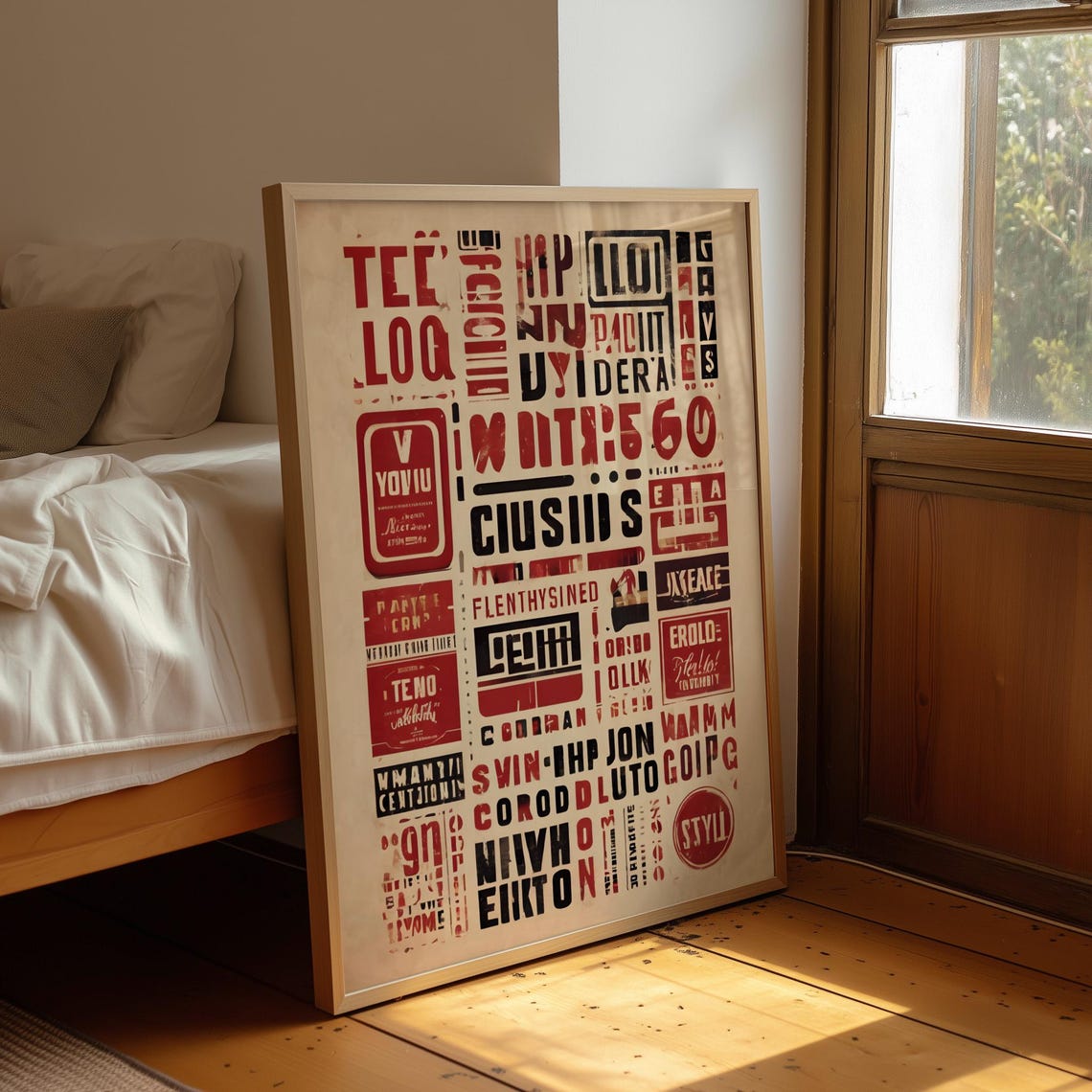 Vintage Red Letterpress Typography Collage Abstract Art Poster