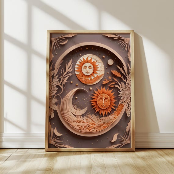 Celestial Wall Art Print Layered Sun And Moon Decor Boho Mystical Cosmic Home Earthy Neutral Tones