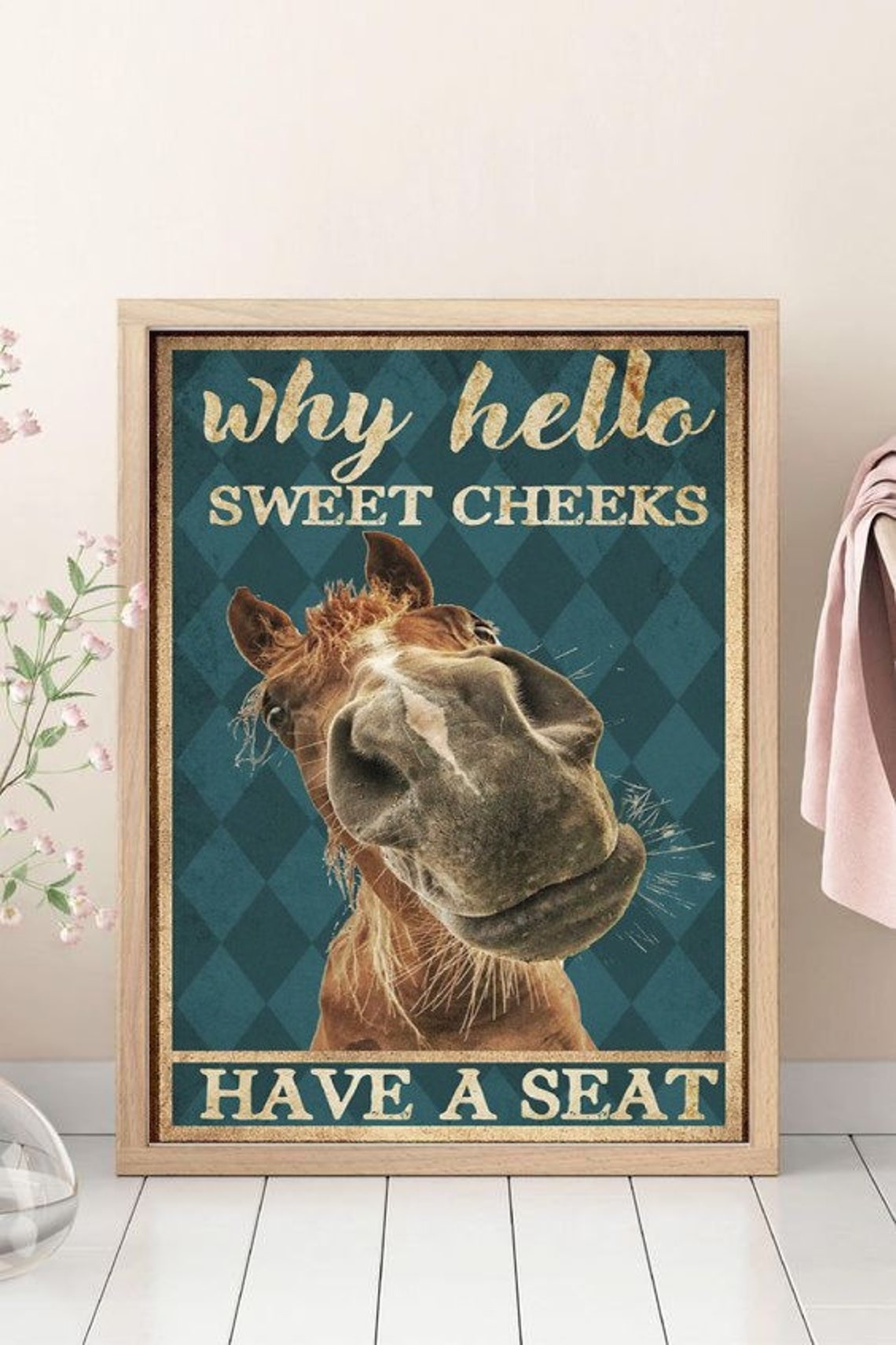 Why Hello Sweet Cheeks Funny Horse Teal Vintage Bathroom Poster - Image 3