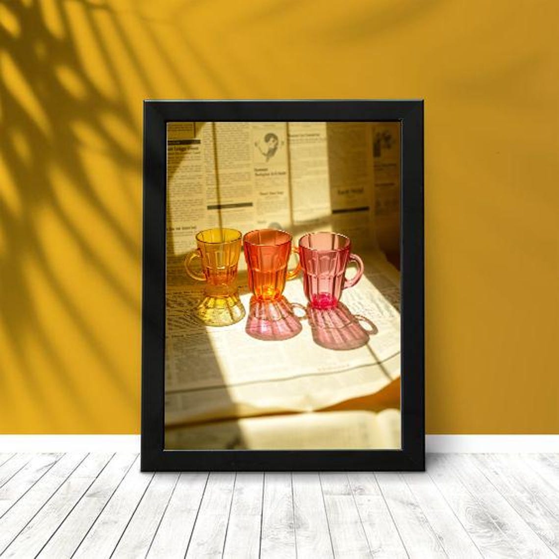 Amber Orange Pink Glass Cups Newspaper Sunlight Photo Poster - Image 2