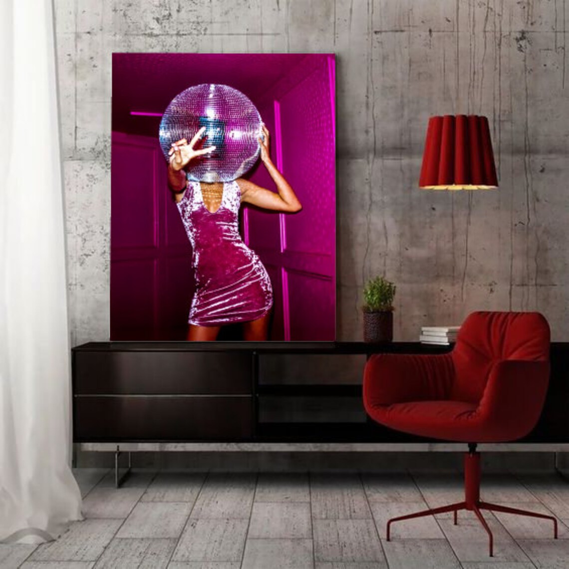Disco Ball Head Girl Pink Velvet Dress Peace Sign Retro Poster - Image 2