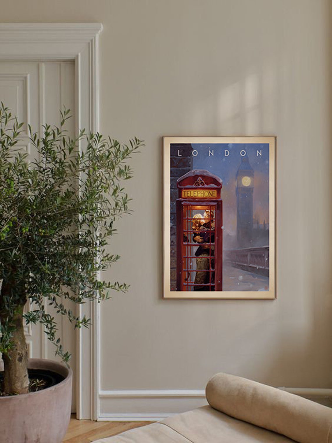 London Red Telephone Booth Kiss Big Ben Snowy Romantic Night Poster - Image 2
