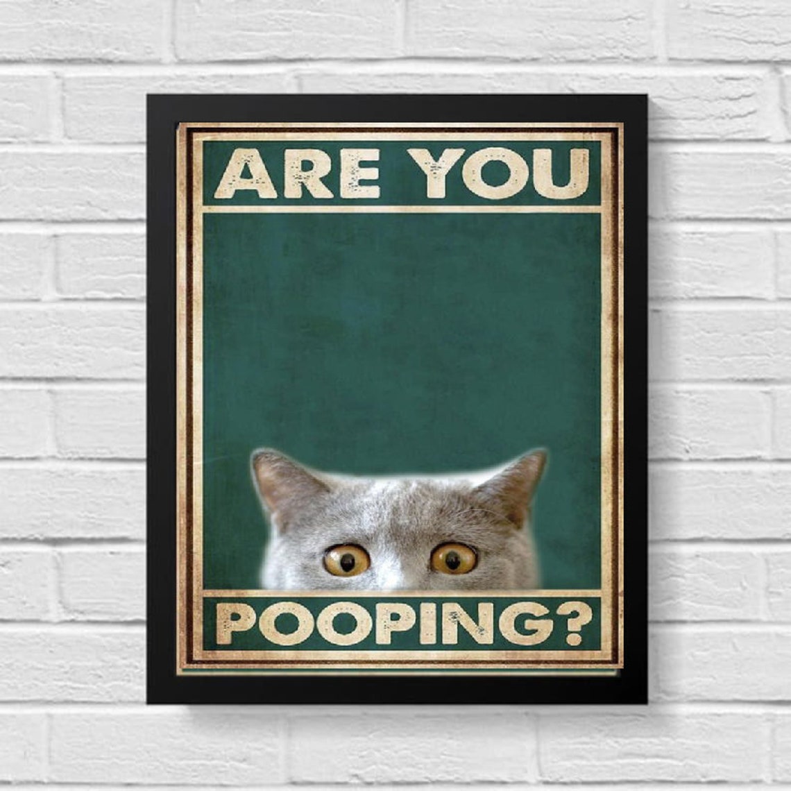 Are You Pooping Gray Cat Peeking Funny Vintage Bathroom Poster
