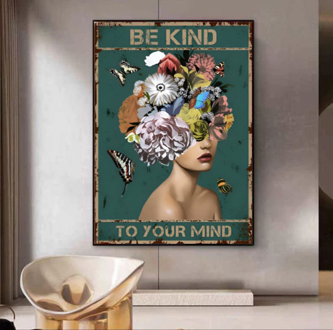 Be Kind To Your Mind Flower Head Woman Butterfly Vintage Poster - Image 3