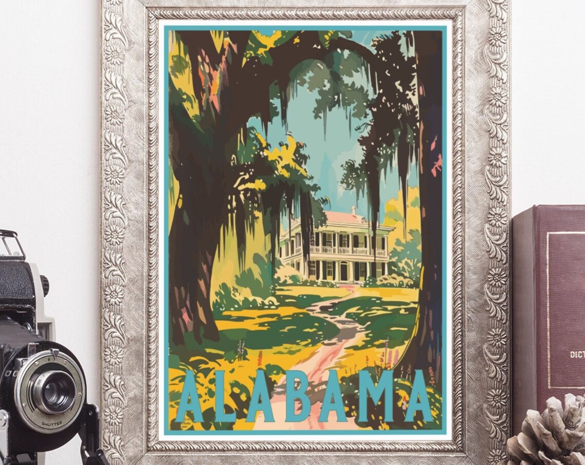 Alabama Plantation House Moss Draped Oak Trees Vintage Poster