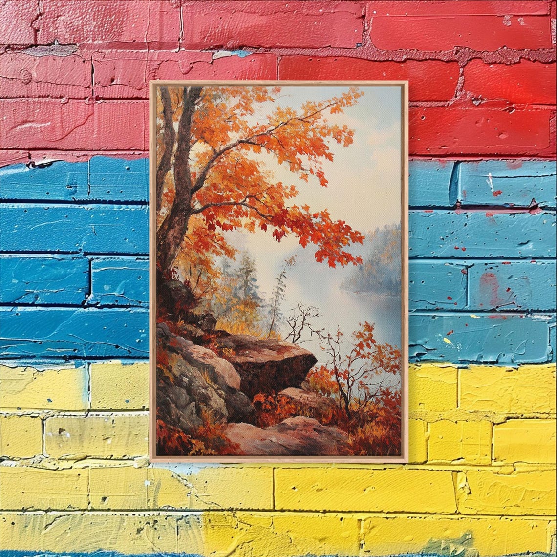 Rocky Autumn Cliff With Fiery Orange Maple Over Misty Lake View Poster - Image 2